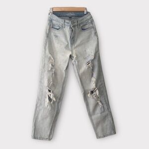 High Rise Distressed Light Wash Mom Jeans - Size 2